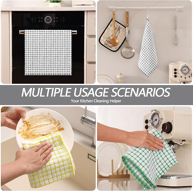 Homaxy Kitchen Towels and Dishcloths Set (16”x 25” and 12”x 12”, 8 Pack) | Cotton Terry Kitchen Dish Towels, Super Soft and Absorbent Dish Cloths, Black/Grey/Yellow/Green