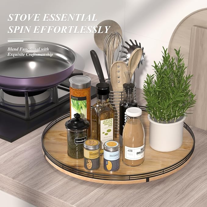 AMH 21-Inch Extra Large Farmhouse Oak Lazy Susan Organizer | Smooth rotating oak tray with walnut finish for dining tables, kitchen counters, pantries and cabinet storage.