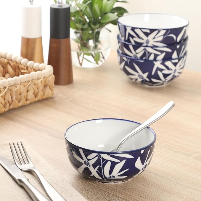 Gibson Home Ivory Estate 4-Piece Cereal Bowl Set, 5.5 Inch Round Stoneware Bowls, Blue & White Floral Pattern, Assorted Decorative Designs