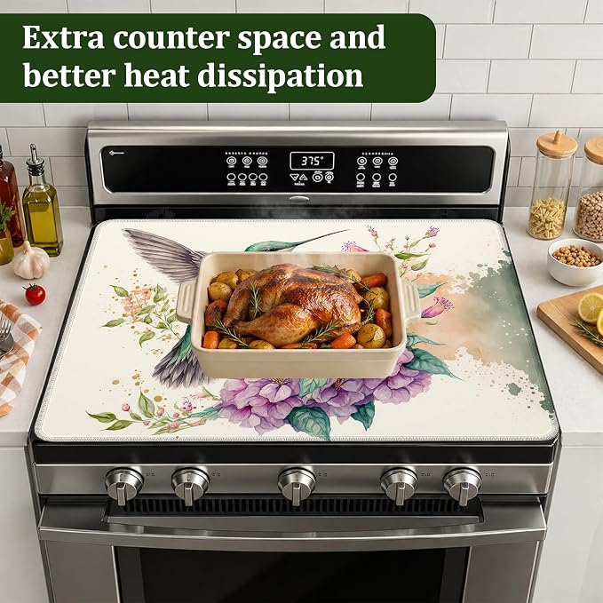 Stove Top Cover Hummingbird and Flowers 28.5x20.5Inch for Electric Stove,Heat Resistant Silicone Cooktop Protector,Glass Stove Cover Mat,Anti Scratch Countertop Protector