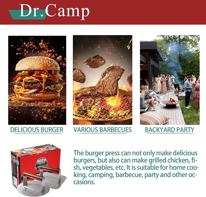 Dr.Camp 2 Pack Stainless Steel Burger Press with Real Wood Handle 7 Inch Smash Burger Press Bacon Press Grill Press Set for Griddle Flat Top Hamburger Smasher Meat Press