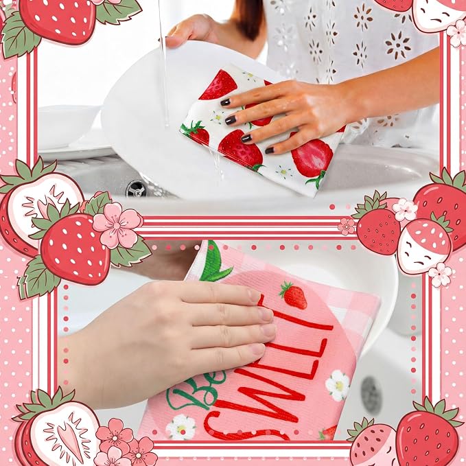 4 Pcs Strawberry Kitchen Towels Summer Berry Hand Dish Towels Absorbent White Pink Grid Tea Towel Fast Drying Housewarming Gift for Kitchen Bathroom Holiday Summer Strawberry Party Decor