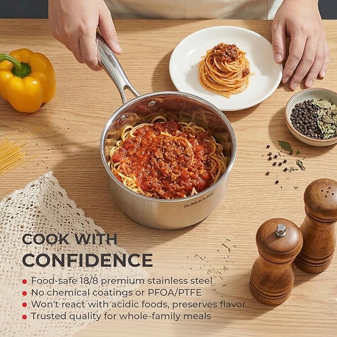 SUNHOUSE 3 QT Sauce Pan with Lid, Full Clad 3-Ply Stainless Steel Saucepan | Small Cooking Pot & Milk Pan - Induction Compatible - PFOA Free, Oven & Dishwasher Safe, Stay-Cool Handle
