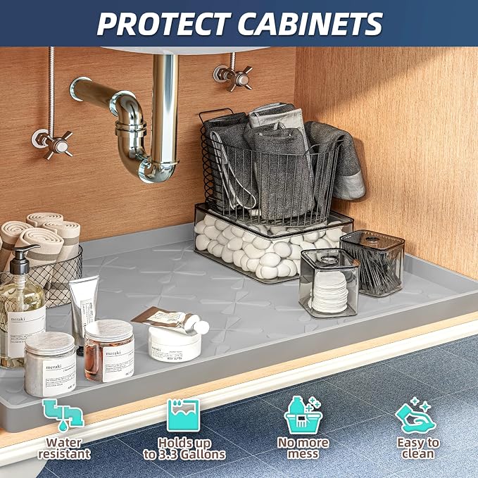Waterproof Under Sink Mat 19" x 19" Silicone Mat Cabinet Protector | Heavy Duty Kitchen Cabinet Liner, Easy Press Drain, Home Essentials for Pet Feeding, Boots, Bathroom, Organizers & Storage