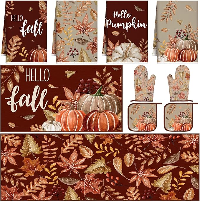 Fourluoo 10 Pcs Kitchen Dish Towels Rugs Oven Mitts and Pot Holders Set Farmhouse Kitchen Decor Set for Women Mom Daughter Gift Cooking Baking Grilling(Antique Color,Maple Leaf, Pumpkin)