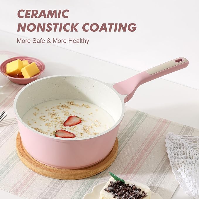 SENSARTE Ceramic Nonstick Saucepan with Lid 1.5 QT, PTFE/PFAS Free, Pink | Small Kitchen Cooking Pot with Stay Cool Handle, Induction Compatible, Ceramic Coating