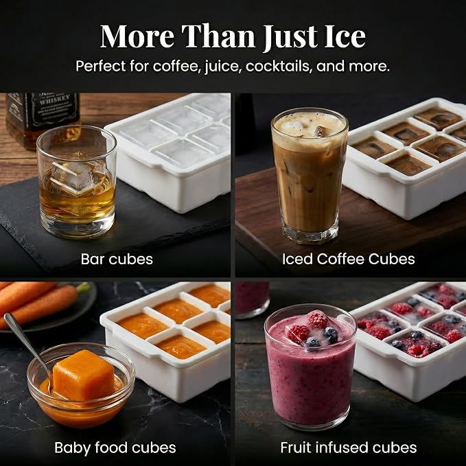 KitchFort® Large Silicone Ice Cube Tray (3-Pack) - 2" Big Ice Mold with Lid | Easy Release, Cocktail, Whiskey Ice Cubes Mold - Food Grade - Ice Cube Trays for Freezer - Stackable Silicone Ice Tray