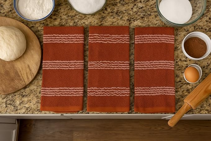 Terracotta Orange Rust Kitchen Dish Towels, 3 PC, 100% Cotton, 18" x 28" | Modern Farmhouse Textured Stripe Weave, Oversized Dish Cloth, Soft & Absorbent, Quick Dry, Multipurpose Everyday Use