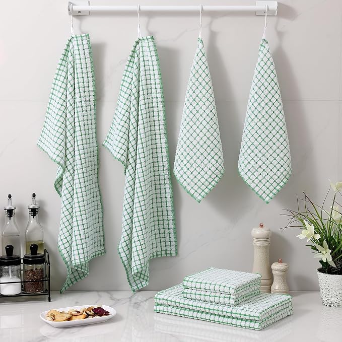 Homaxy Kitchen Towels and Dishcloths Set, Set of 8, Green | Cotton Terry Kitchen Dish Towels, Super Soft and Absorbent Dish Cloths, 16 x 25 and 12 x 12 Inches