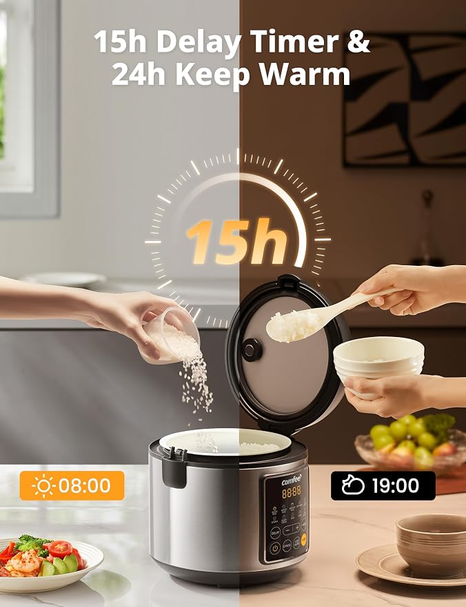 COMFEE' Small Rice Cooker with 10-Preset Options, 4-Cups Uncooked Rice