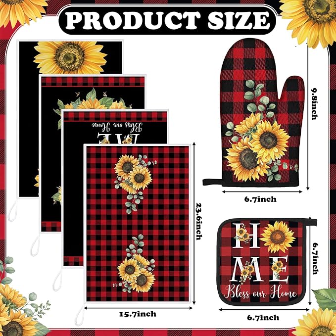 Leinuosen 8 Pcs Sunflower Red Black Checkered Kitchen Towels and Dishcloths Sets Pot Holders and Oven Mitts Sets Absorbent Kitchen Gloves Potholders Heat Resistant for Chef Baking Cooking