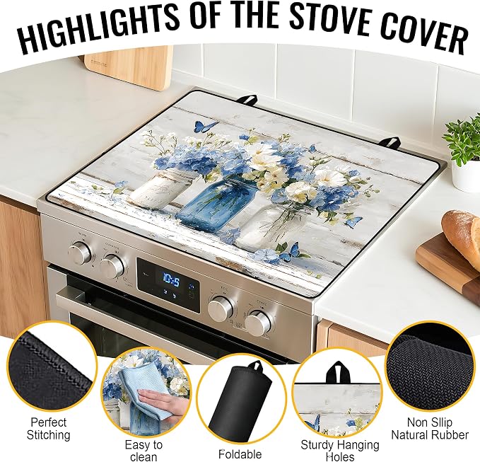 NYZE Stove Top Cover for Electric Stove, 28x20 Inch Stovetop Cover Flat Top Protector Dish Drying Mat for Kitchen (Blue & White Floral)