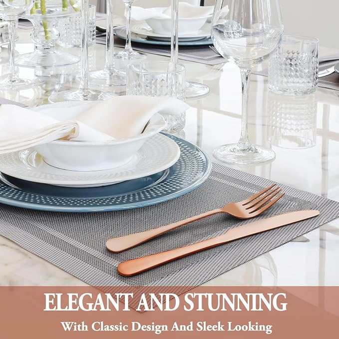 48 Pcs Rose Gold Silverware Set with Steak Knives, Stainless Steel Flatware Cutlery Set for 8, Kitchen Tableware Sets, Utensil Sets for Home and Restaurant, Dishwasher Safe