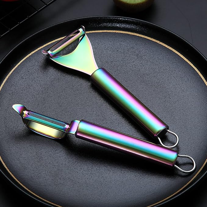 Rainbow Potato Vegetable And Fruit Peelers For Kitchen, Kyraton Titanium Colorful Plating Stainless Steel Peelers, Sharp Blade And Ergonomic Non Slip Easy To Grip Set Of 2