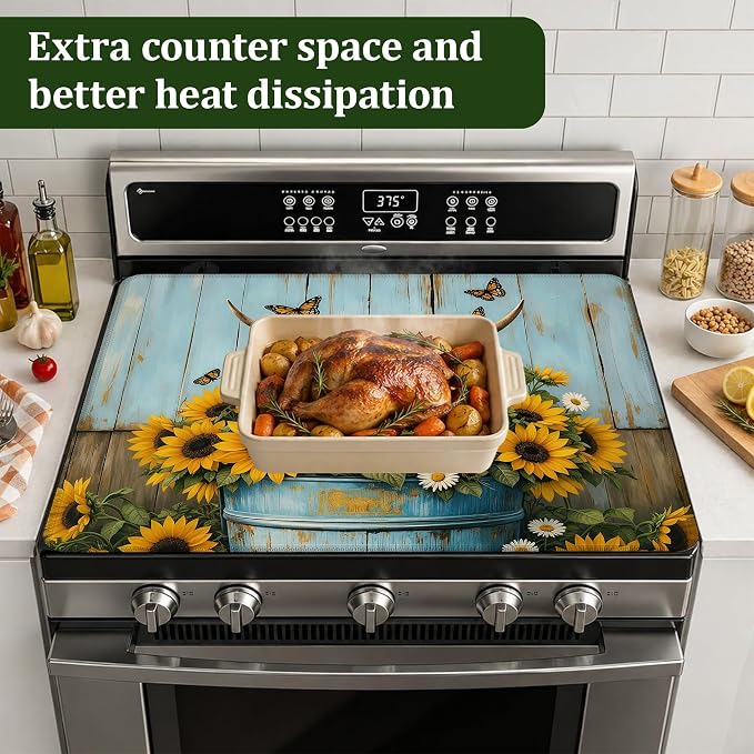 Highland Cow Stove Top Cover for Electric Stove 28.5"x 20.5",Cow Sunflower Wood Heat Resistant Glass Top Stove Cover Protector, Glass Cooktop Covers, Kitchen Flat Electric Stove Top Covers