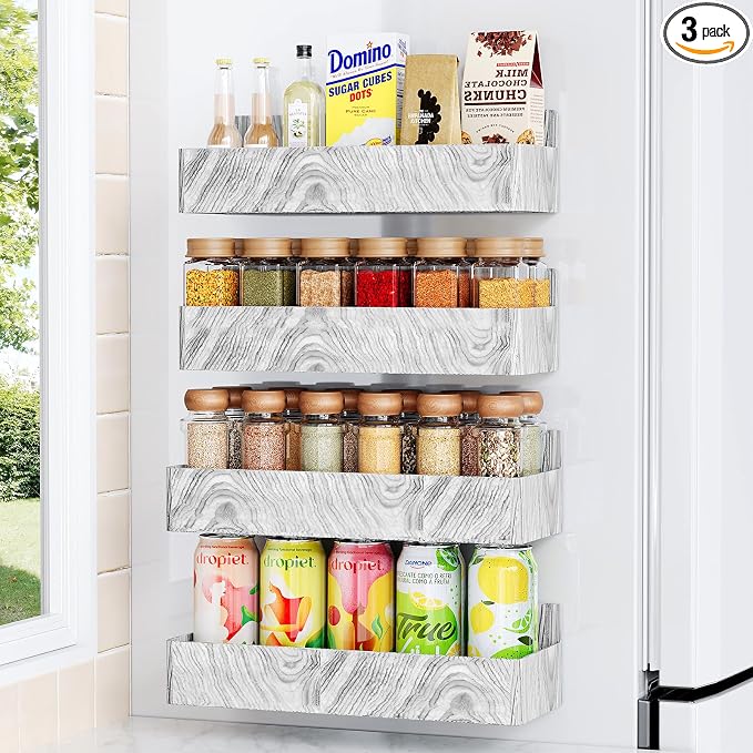 Mystozer Magnetic Spice Rack for Refrigerator, Kitchen Organizer and Storage Shelf, Wood White(4 Pack)