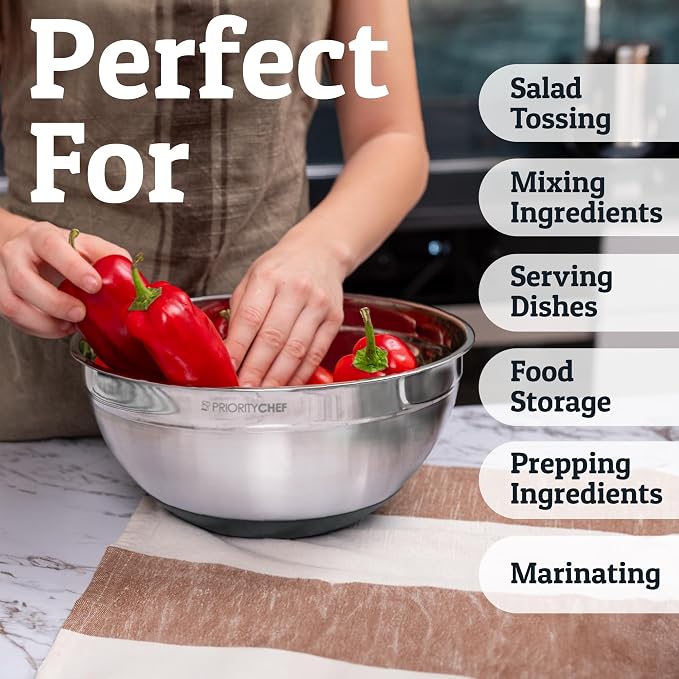 Priority Chef 6pc Stainless Steel Mixing Bowls with Lids Set, 7 Qt, Grey | Non-Slip Nesting Bowls, 3 Graters and Interior Measurement Marks; For Meal Prep, Baking and Airtight Fridge Storage