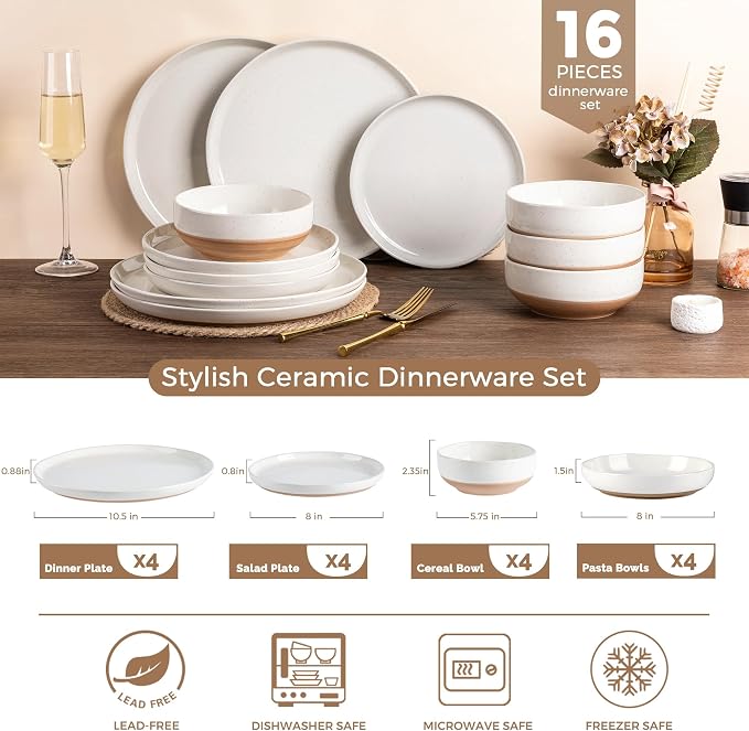 AmorArc Dinnerware Sets for 4, 16 Pieces Ceramic Plates and Bowls Set | Scratch Resistant Stoneware Dishes Set, Dishwasher & Microwave Safe, Light Beige