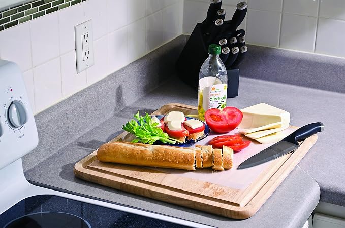 Camco - Hardwood Cutting Board and Stove Topper with Non-Skid Backing, Includes Flexible Cutting Mat (43753) | Includes flexible cutting mat to protect wood finish, will not dull knives, eliminates rattles, 17 x 19-1/2 x 3/4 in
