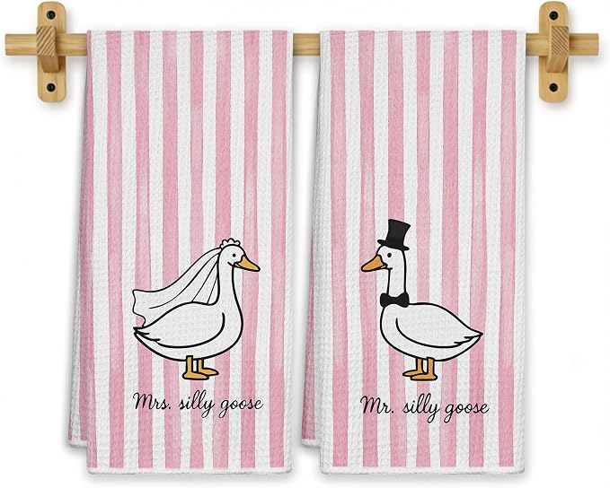Mr and Mrs Goose Pink Striped Kitchen Towels 16x24 Inch, Wedding Gifts for Couples Newlyweds Dish Tea Towels for Kitchen Decor, Just Married Gifts Decorative Hand Towel for Bathroom, Set of 2