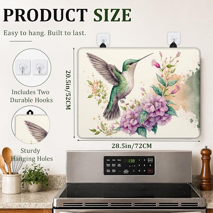 Stove Top Cover Hummingbird and Flowers 28.5x20.5Inch for Electric Stove,Heat Resistant Silicone Cooktop Protector,Glass Stove Cover Mat,Anti Scratch Countertop Protector