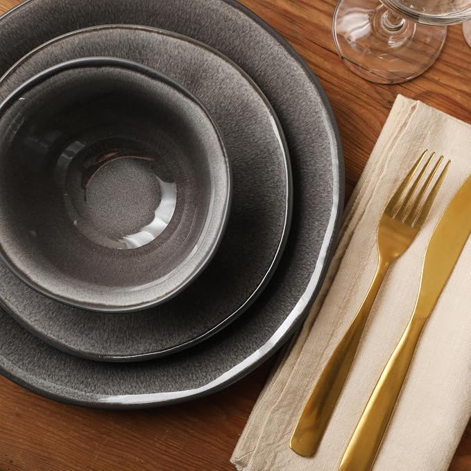 Gibson Elite Port Barton Plates and Bowls Sets, 12-Piece Stoneware Dinnerware Sets, Reactive Glaze Dish Set - Black