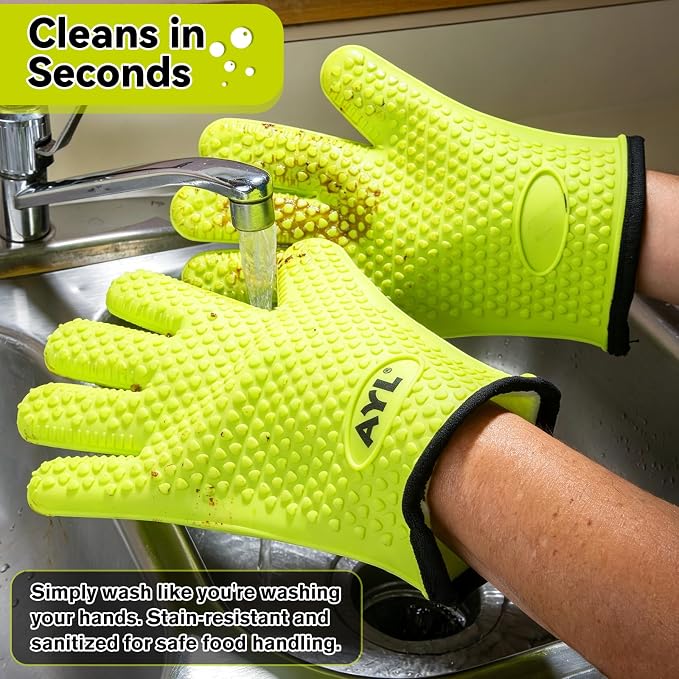 AYL Silicone Smoker Oven Gloves - Extreme Heat Resistant BBQ Gloves - Handle Hot Food on Your Grill, Pit & Turkey Fryer | Waterproof Meat Handling Mitts with Cotton Layer | Ultimate Set + Bonuses
