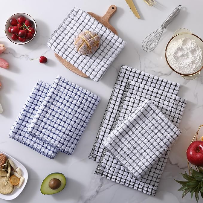 Mordimy Cotton 6 Pack Terry Kitchen Towels, 16 x 25 Inches | Super Soft and Absorbent Dish Towels, Quick Drying Hand Towels for Kitchen Drying, Black/Grey/Blue
