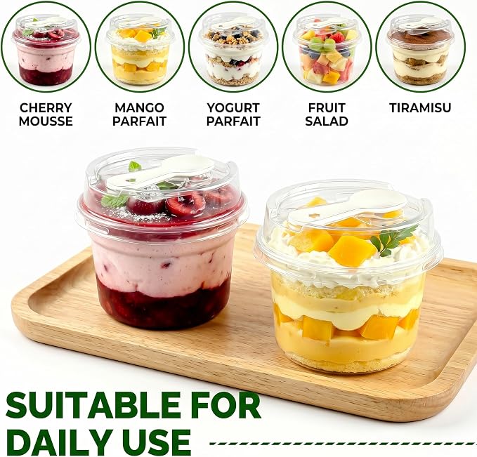 50 Pack 8 oz Plastic Dessert Cups with Lids and Spoons, | Banana Pudding Cups with Lids Mini Dessert Shooters for Party Individual Yogurt Parfait Jello Fruit Trifle