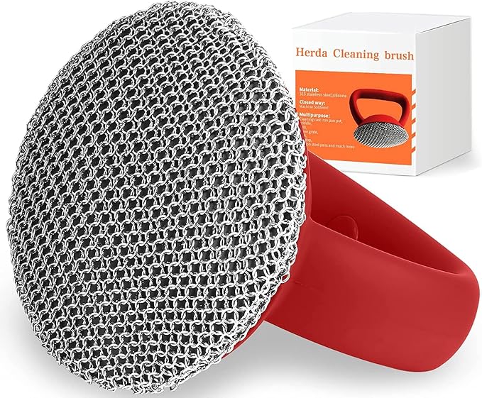 Cast Iron Cleaner Scrubber with Heavy Duty Handle, 3mm Welded Chain Mail | Fine Ring,Stainless Steel Sponge Chainmail Scrubber, Skillet Oven Grill Cleaning Metal Brush -Dishwasher safe,Heat Resistant