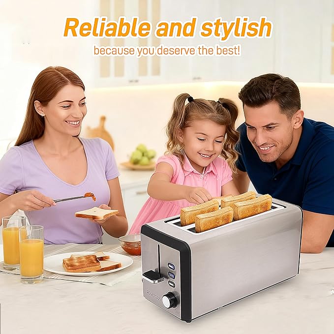 4 Slice Long Slot Stainless Steel Toaster with Extra Wide 1.5” Slots | 6 Shade Browning Settings, Defrost Reheat Cancel Functions, Even Toasting for Artisan & Sourdough Bread, Removable Crumb Tray