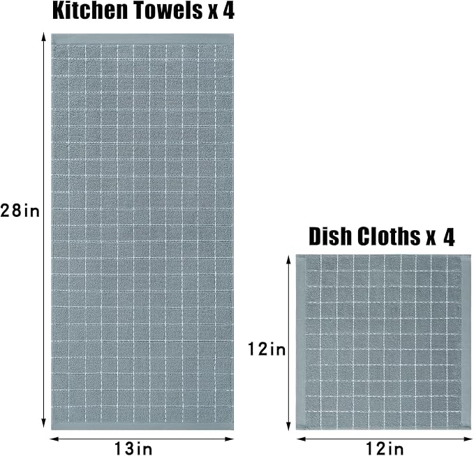 Homaxy Kitchen Towels and Dishcloths Set, Set of 8, Grey | Bulk Cotton Terry Kitchen Towels, Checkered Designed, Soft and Super Absorbent Dish Towels, 12 x 12 and 13 x 28 Inches
