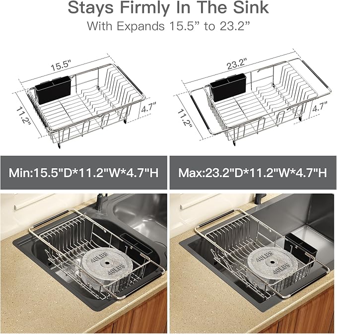 Dish Drying Rack Over The Sink with Adjustable Utensil Holder | Expandable Stainless Steel Dish Drainer for Small Kitchen, Apartment, RV, Counter Space Saving, Perfect Fit, Rustproof