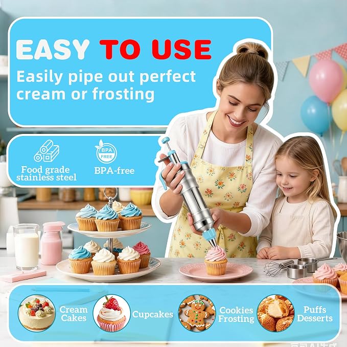 167-Piece Cake Decorating Kit, Icing Dispenser, 54 Tips, Light Blue | 100 Disposable Baking Cups, 10 Silicone Baking Cups, 2 Couplers, Instruction Manual, Stainless Steel Dispenser