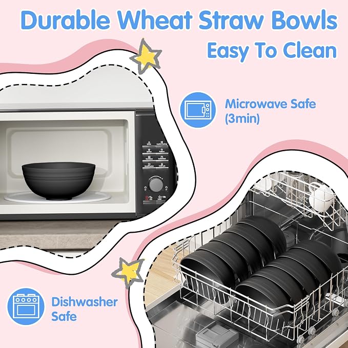 Quatish 14 PCS Unbreakable Cereal Bowls,Dishwasher & Microwave Safe Wheat Straw Bowls, Easy-to-Clean Lightweight Desserts & Soup Bowl, Portable for Picnics ，Snack Plastic Bowls Set,Black