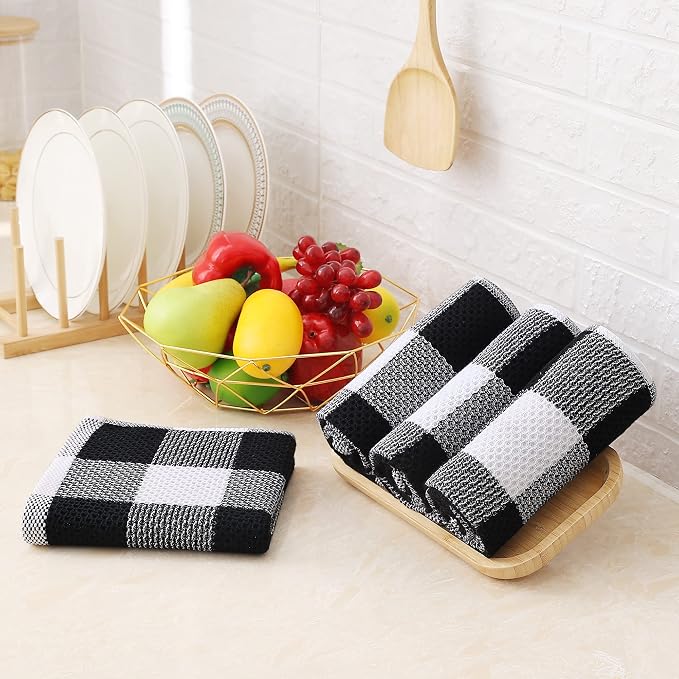 Homaxy Kitchen Towels and Dishcloths Set, Set of 8, White & Black | Bulk Cotton Waffle Weave Check Plaid Kitchen Towels, Super Soft and Absorbent Dish Cloths, 12 x 12 and 13 x 28 Inches