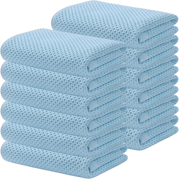 Kitinjoy 100% Cotton Waffle 12-Pack Kitchen Towels, 13" x 28", Sky Blue | Super Soft, Ultra-Absorbent, Fast Drying, lightweight, Quick Drying Kitchen Hand Towels