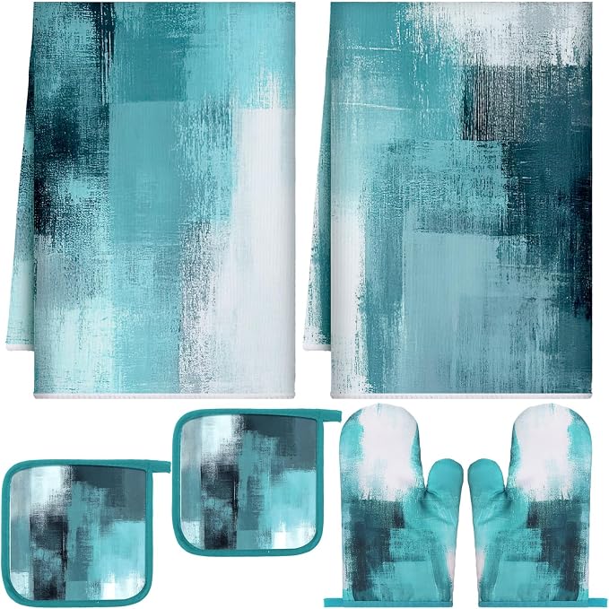 Bencailor 6 Pcs Teal Kitchen Accessories Teal Kitchen Towels Pot Holders and Oven Mitts Turquoise Farmhouse Cooking Mittens Oven Glove and Potholder for Baking Cooking Grilling Supply Accessories