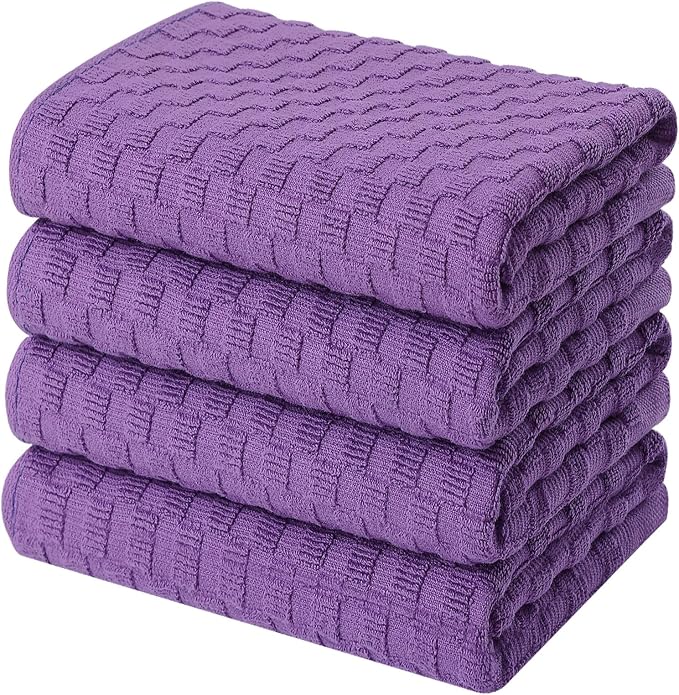 Homaxy 100% Cotton Terry Kitchen Towels(15" x 25", 4 Pack), Purple | Soft and Super Absorbent Dish Towels, 380 GSM Reusable Tea Towel with Hanging Loop, Pineapple Grid Designed