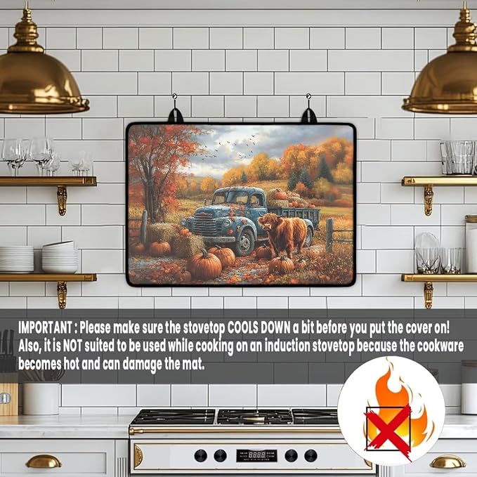 Cattle Pumpkin Cat Stove Top Covers for Electric Stove, Heart Resistant Dish Drying Mat for Kitchen, Non-Slip Dust-proof Mat for Glass Stove Top, Thanksgiving Decorations