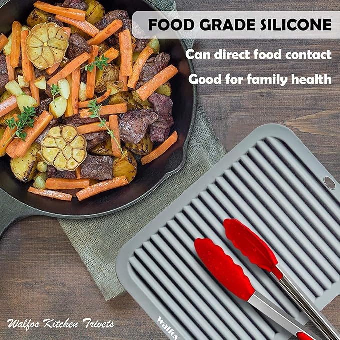 Walfos Silicone Trivets for Hot Pots and Pans - Heat Resistant Hot Pads for Kitchen Counter- 4 Pcs Multi-Purpose & Versatile Trivet Mat - Long-Lasting & Flexible Silicone Hot Pad（Gray）