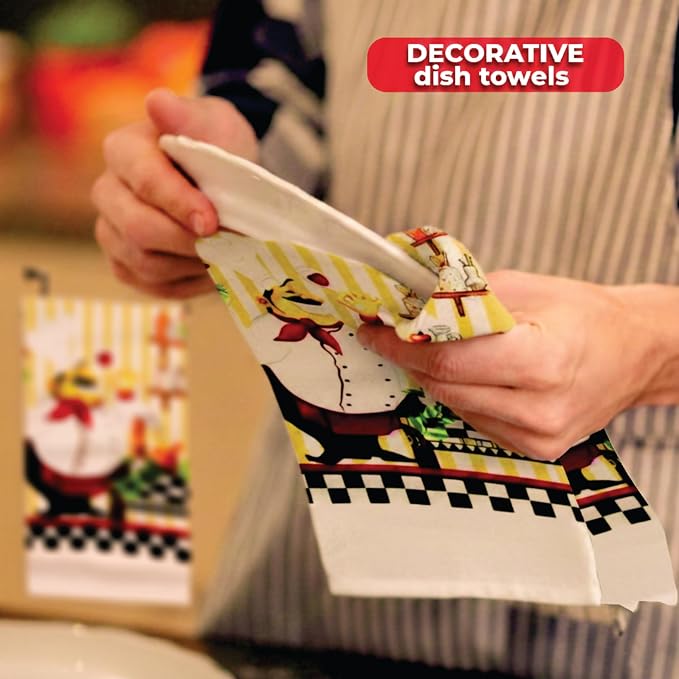 Chubby Uniformed Chef Design, 5 Piece Set | Kitchen Towel Set with 2 Decorative Dish Towels (25 X15), 1 Oven Mitt (11 X 7) and 2 Potholders (6.5 X 6.5)