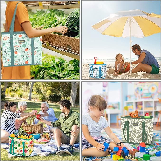BALEINE 3PK Reusable Grocery Bags, Heavy Duty Shopping Tote Bag | 12'' Long Handles, Reinforced Bottom Keeps Upright, Fold Flat Storage, Water-Resistant Shopping Bag, Multiple Color Options