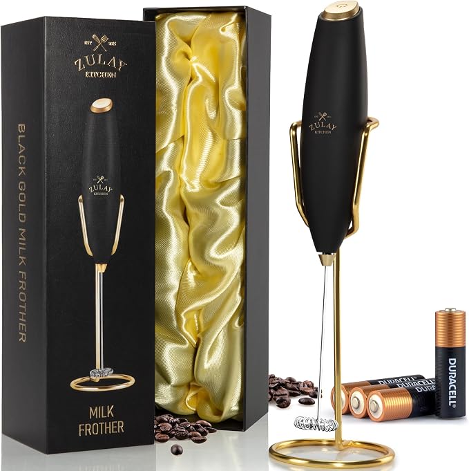 Zulay Kitchen Powerful Milk Frother Wand With Duracell Batteries - Ultra Fast Handheld Drink Mixer - Electric Whisk Foam Maker for Coffee, Lattes, Cappuccino & Matcha - Z1 Motor - Exec Black Gold