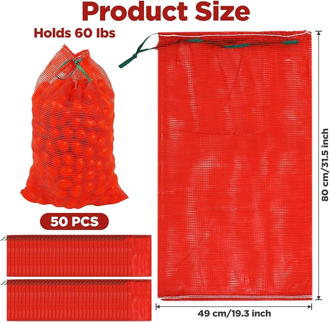 50pcs Mesh Produce Bags 60 lbs Extra Large PP Mesh Vegetable Bags 19"×31" Reusable Produce Bag Washable Net Bag for Vegetables Onions Potatoes Citrus Crawfish, Red