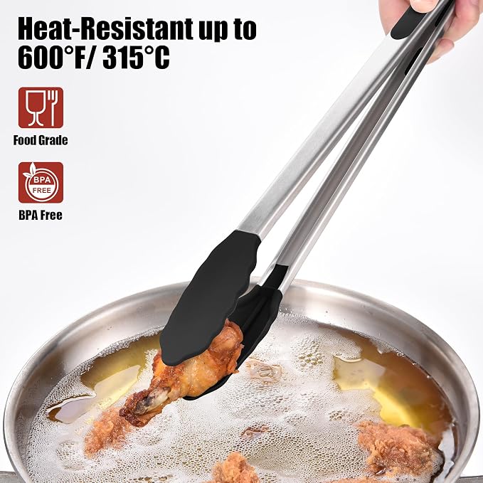 Doosu Kitchen Tongs with Silicone Tips for Cooking Serving (16in, Black) | 600°F Heat Resistant Food Tong, Heavy Duty Stainless Steel Locking Tong for BBQ, Grilling Steak, Salad, Toast, Pasta