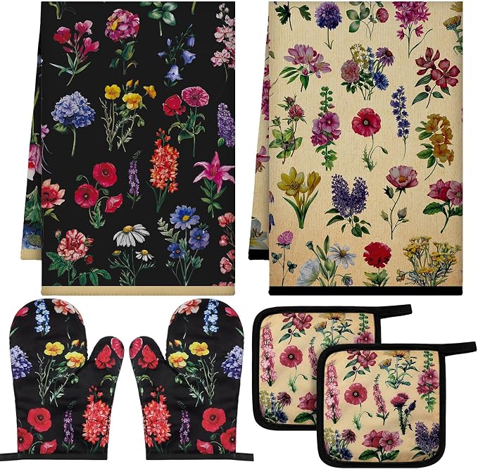 Bencailor 6 Pcs Vintage Wildflower Kitchen Towels Oven Mitts and Pot Holders Set Decorative Dish Towels Tea Washcloth Non Slip Heat Resistant Oven Gloves for Summer Home Cooking Baking, Cute Color