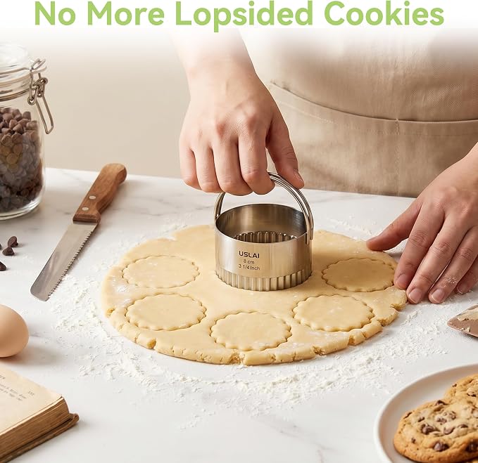 USLAI Biscuit Cutter Set (1.75, 2, 2.5, 2.75, 3.25 Inch) | Food-Grade Stainless Steel, Fluted Cookie Cutter with Handle, Professional Kitchen Baking Dough Tools