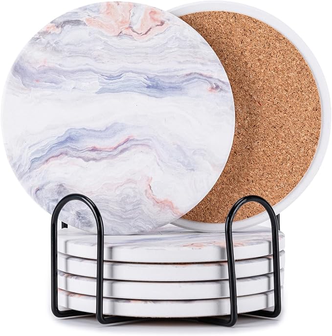 6Pcs Absorbent Coasters Set with Holder,Ceramic Drink Coaster,4 in（A3） | Marble Style Ceramic Drink Coaster,Suitable for Kinds of Cups,Modern Style Coaster for Coffee Table