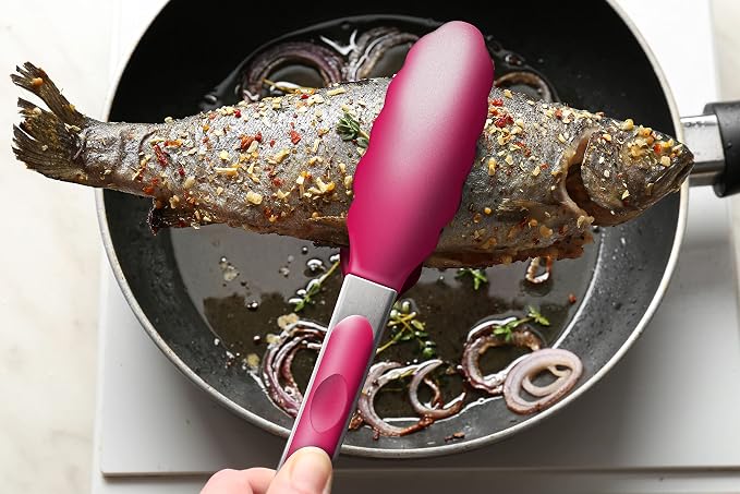 2 Pack Silicone Kitchen Tongs – 9" & 12" Set, Heat Resistant up to 500°F, Non‑Stick Cookware Safe, Wavy Silicone Tips, BPA Free, Locking Clip & Hanging Loop, Wine Red